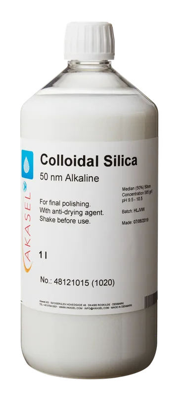 Akasel's Colloidal Silica Suspension 50 nm alkalisch, 1-Liter Flasche mit weißem Verschluss für die Endpolitur von metallografischen Proben.