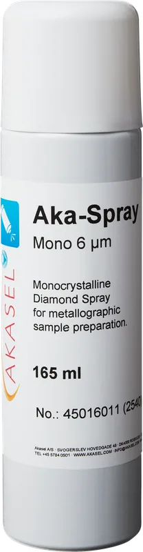 Akasel Aka-Spray Mono 6 µm – Monokristallin diamantspray i en 165 ml flaska för mångsidiga metallografiska poleringsprocesser.
